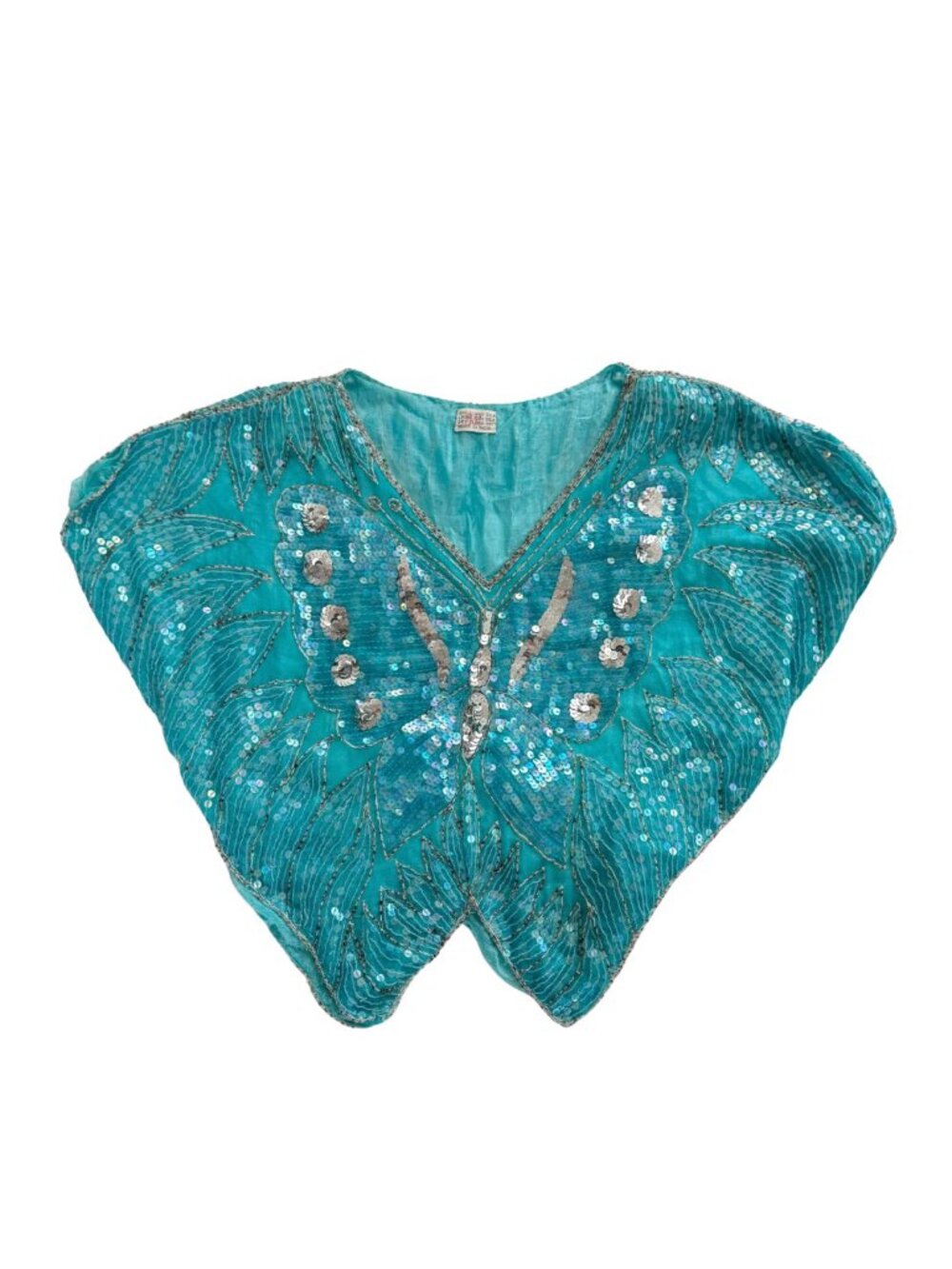 Vintage Sequin Butterfly Top Turquoise Blue Beaded Blouse O/S